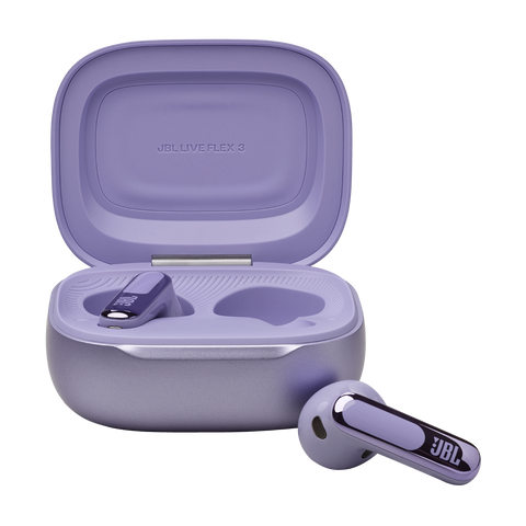 Слушалки JBL Live Flex 3, цвят лилав (Purple), отворен калъф и слушалка до него
