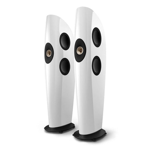 KEF Blade One Meta, finisaj Arctic White / Champagne, vedere din față și lateral
