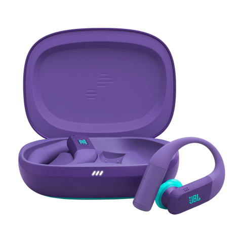 Спортни True Wireless слушалки JBL Endurance Peak 4, лилав цвят, слушалките и отвореният калъф за зареждане