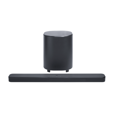 Черен саундбар JBL Bar 500MK2 и безжичен субуфер, изглед отпред