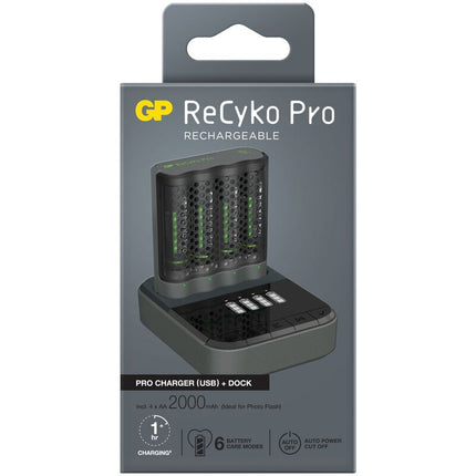 GP ReCyko Pro Charger P461 зарядно устройство за батерии + 4 батерии ReCyko Pro AA 2000mAh + D461 докинг станция за зареждане