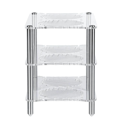 Rackul acrilic Fosi Audio cu trei niveluri într-o configurație audio de birou, alături de echipamente compatibile