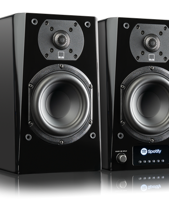 SVS Prime Wireless Pro, finisaj Piano Gloss Black, perechea fără grile, cu driverele și display-ul frontal vizibile