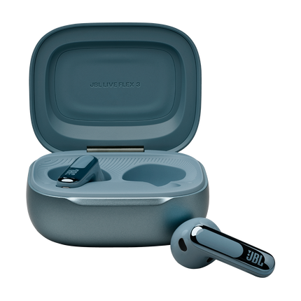 Слушалки JBL Live Flex 3, цвят син, отворен калъф и слушалка до него