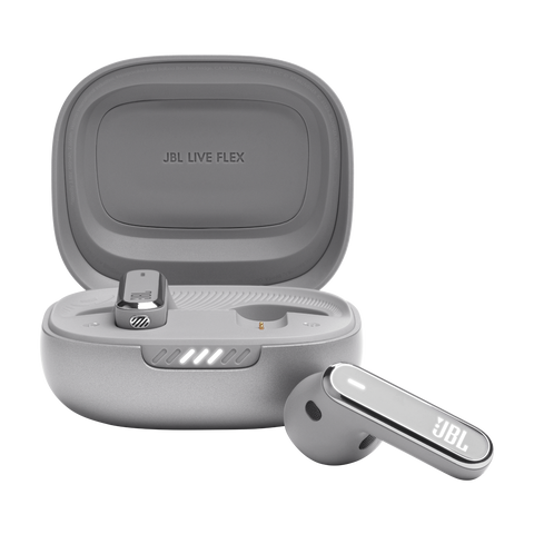 Слушалки JBL Live Flex, цвят сребрист, отворен калъф и слушалка до него