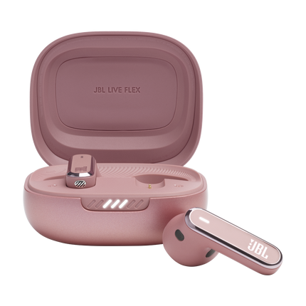 Слушалки JBL Live Flex, цвят розов (Rose), отворен калъф и слушалка до него