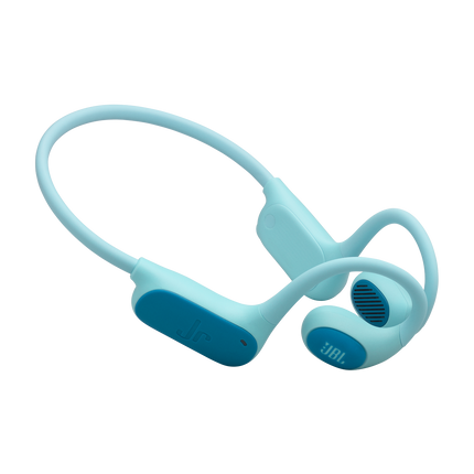 Детски open-ear слушалки JBL Junior Free в синьозелено, изглед под ъгъл