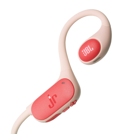Детски open-ear слушалки JBL Junior Free в цвят праскова, детайл на бутоните и логото Jr