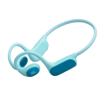 Детски open-ear слушалки JBL Junior Free в синьозелено, изглед отстрани