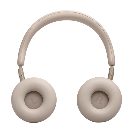 Слушалки JBL Live 680NC, цвят пясъчен (Sand), изглед отпред с възглавничките, означени с L и R