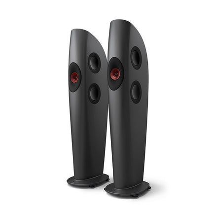 KEF Blade Two Meta, finisaj Charcoal Grey / Red, vedere din față și lateral
