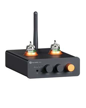 Amplificatorul cu DAC Fosi Audio GR40, cu două tuburi, antenă și buton de volum portocaliu