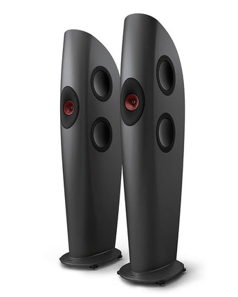 KEF Blade One Meta, finisaj Charcoal Grey / Red, vedere din față și lateral