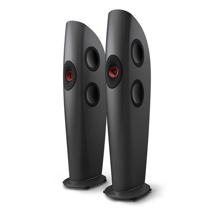 KEF Blade One Meta, finisaj Charcoal Grey / Red, vedere din față și lateral