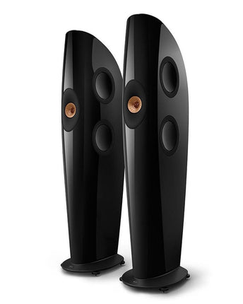 KEF Blade One Meta, finisaj Piano Black / Copper, vedere din față și lateral