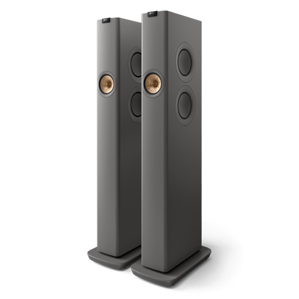 KEF LS60 Wireless, finisaj Titanium Grey, vedere din față și lateral