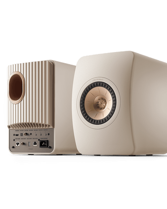 KEF LS50 Wireless II, finisaj Sand Shell, vedere frontală și posterioară