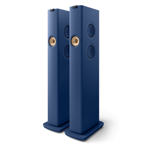 KEF LS60 Wireless, finisaj Royal Blue, vedere din față și lateral