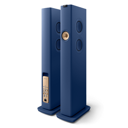 KEF LS60 Wireless, finisaj Royal Blue, vedere din față și din spate