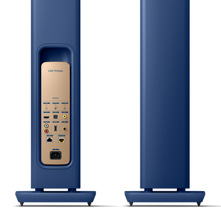 KEF LS60 Wireless, finisaj Royal Blue, detaliu față și spate