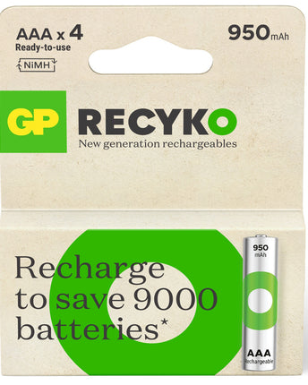 Акумулаторни батерии GP ReCyko AAA 950mAh (R03), рециклируеми опаковки 4бр.