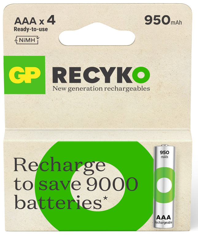 Акумулаторни батерии GP ReCyko AAA 950mAh (R03), рециклируеми опаковки 4бр.