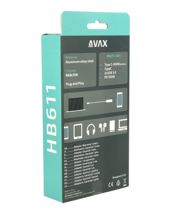 AVAX HB611 CONNECT+ 5in1 HUB Type C-HDMI(4k60Hz), Type C, 2xUSB 3.0, PD 100W HUB