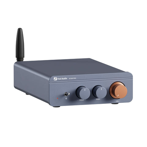Amplificatorul Fosi Audio BT20A PRO, cu antenă și buton de volum portocaliu