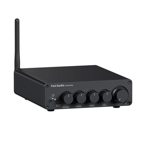 Fosi Audio BT30D PRO, cu panoul frontal, comenzile și carcasa vizibile