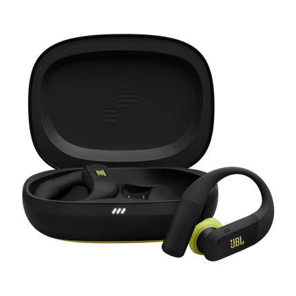 Спортни True Wireless слушалки JBL Endurance Peak 4, черно и лайм, слушалките и отвореният калъф за зареждане