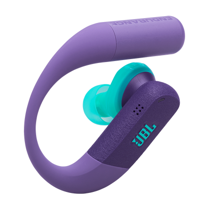 Спортни True Wireless слушалки JBL Endurance Peak 4, лилав цвят, детайл на една слушалка