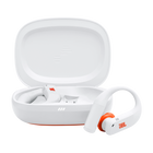 Спортни True Wireless слушалки JBL Endurance Peak 4, бял цвят, слушалките и отвореният калъф за зареждане