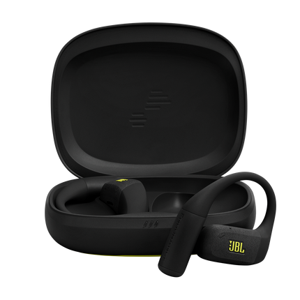 Спортни True Wireless слушалки с отворен дизайн JBL Endurance Zone, черно и лайм, слушалките и отвореният калъф за зареждане