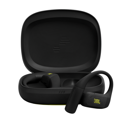 Спортни True Wireless слушалки с отворен дизайн JBL Endurance Zone, черно и лайм, слушалките и отвореният калъф за зареждане