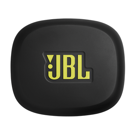 Спортни True Wireless слушалки с отворен дизайн JBL Endurance Zone, черно и лайм, калъфът за зареждане отгоре