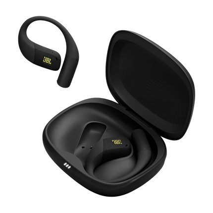 Спортни True Wireless слушалки с отворен дизайн JBL Endurance Zone, черно и лайм, слушалките и отвореният калъф за зареждане