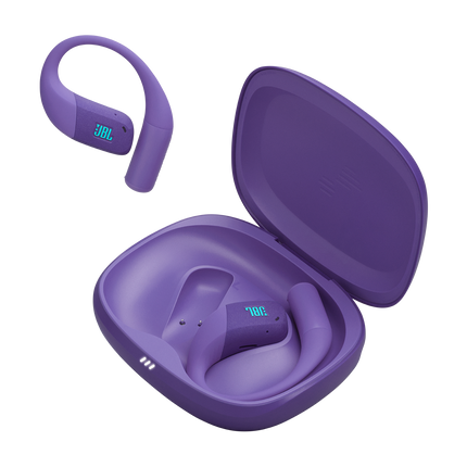 Спортни True Wireless слушалки с отворен дизайн JBL Endurance Zone, лилав цвят, слушалките и отвореният калъф за зареждане