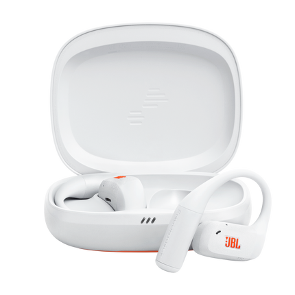 Спортни True Wireless слушалки с отворен дизайн JBL Endurance Zone, бял цвят, слушалките и отвореният калъф за зареждане