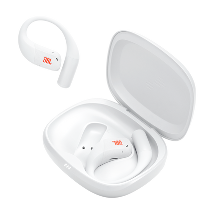 Спортни True Wireless слушалки с отворен дизайн JBL Endurance Zone, бял цвят, слушалките и отвореният калъф за зареждане