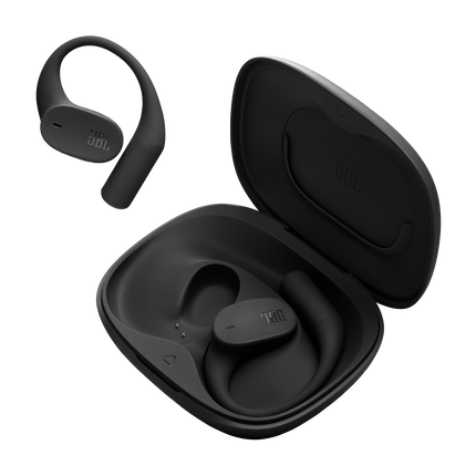 True Wireless слушалки с отворен дизайн JBL Sense Lite, черен цвят, слушалките и отвореният калъф за зареждане