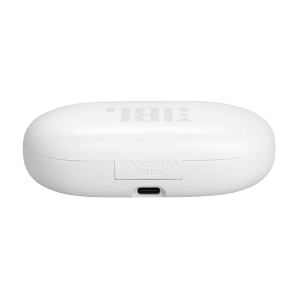 True Wireless слушалки с отворен дизайн JBL Soundgear Sense, бял цвят, гърбът на калъфа с USB-C порта