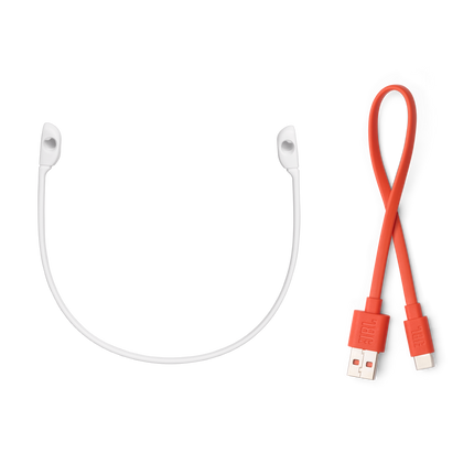 True Wireless слушалки с отворен дизайн JBL Soundgear Sense, бял цвят, лентата за врата и USB-C кабелът от кутията