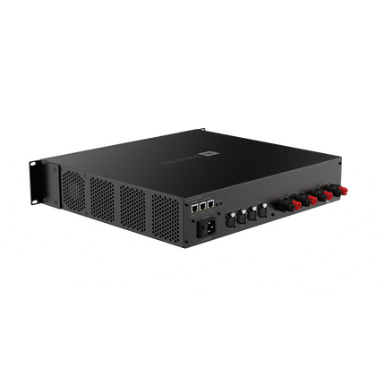 Amplificatorul JBL Synthesis SMA-4750 vazut din trei sferturi spate-dreapta, cu grilajul lateral si zona de conectica