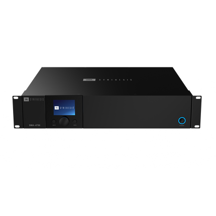 Amplificator JBL Synthesis SMA-4750 vazut din fata, cu ecran color, buton rotativ si urechi de rack