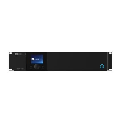 Amplificatorul JBL Synthesis SMA-8300 vazut din fata, cu ecran color si buton rotativ