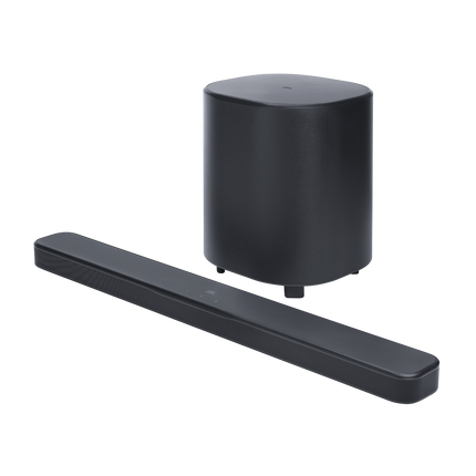 JBL Bar 500MK2 и субуферът отгоре под ъгъл
