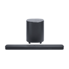 Черен саундбар JBL Bar 500MK2 и безжичен субуфер, изглед отпред