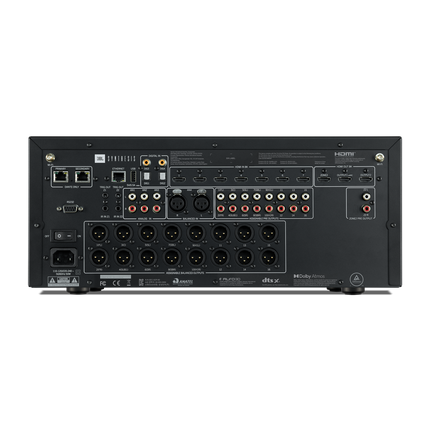 Panoul spate al procesorului JBL Synthesis SDP-60, cu 16 iesiri XLR balansate, 16 iesiri RCA, sapte intrari HDMI si doua porturi Dante