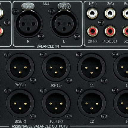 Prim-plan cu intrarile analogice RCA si XLR si cele 16 iesiri reasignabile ale procesorului JBL Synthesis SDP-60