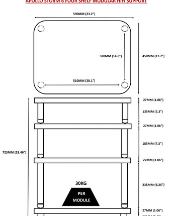 Hi-Fi стелаж Atacama Apollo Storm 6, естествен дъб, ширина 60 см, 4 рафта в различни цветове - бели крака / черни крака